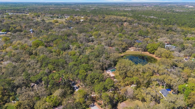 birds eye view of property with a forest view and a water view