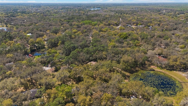 drone / aerial view featuring a view of trees and a water view