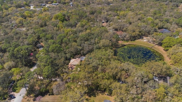 aerial view featuring a view of trees and a water view