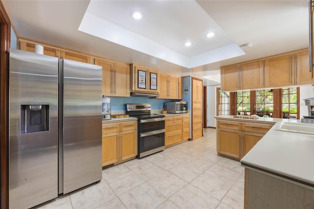 kitchen with a raised ceiling, light countertops, and stainless steel appliances