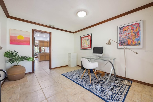 office space featuring light tile patterned flooring, visible vents, baseboards, and ornamental molding