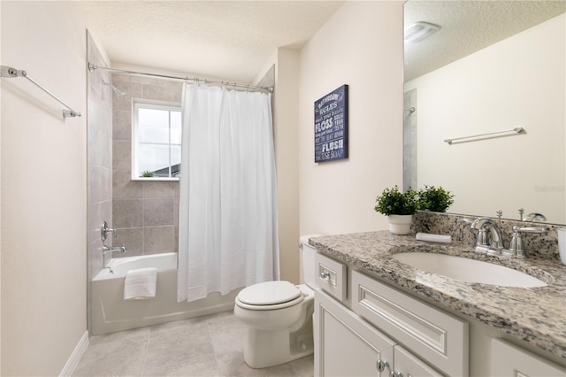 bathroom with tile patterned flooring, toilet, vanity, shower / bath combo, and a textured ceiling