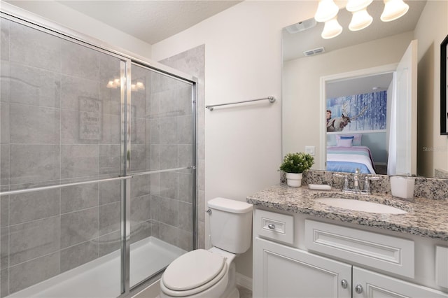 bathroom with visible vents, toilet, ensuite bath, a shower stall, and vanity