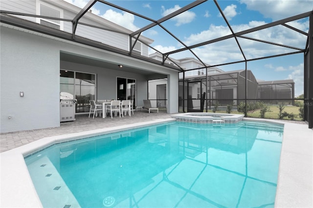 view of swimming pool featuring outdoor dining space, a pool with connected hot tub, a patio, glass enclosure, and grilling area