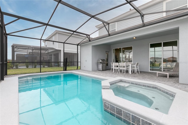 view of pool with outdoor dining space, a patio, a pool with connected hot tub, a lanai, and a grill