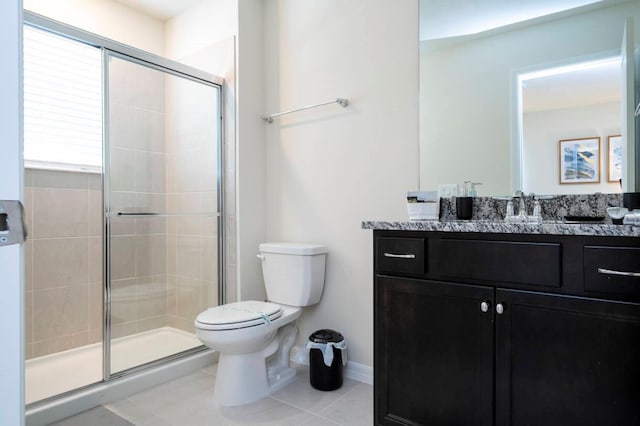 full bathroom featuring a stall shower, baseboards, toilet, tile patterned floors, and vanity