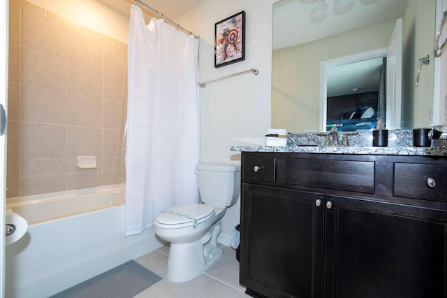 full bathroom featuring shower / tub combo, tile patterned flooring, vanity, and toilet