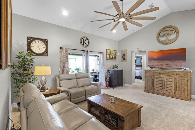 living room featuring visible vents, ceiling fan, baseboards, carpet flooring, and high vaulted ceiling