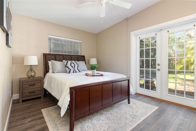 bedroom with access to exterior, dark wood-type flooring, baseboards, french doors, and a ceiling fan