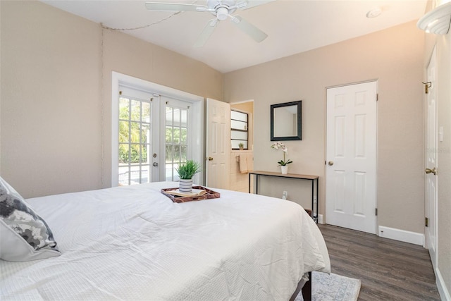 bedroom featuring dark wood-type flooring, a ceiling fan, french doors, baseboards, and access to exterior