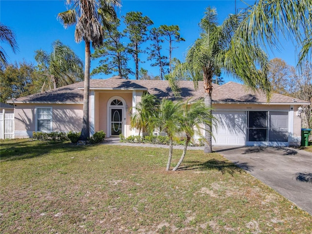 view of front facade with stucco siding, a front yard, an attached garage, and driveway