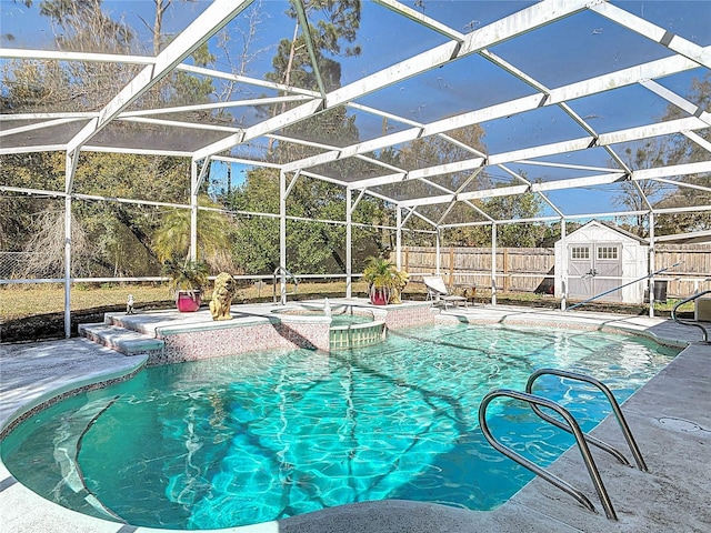 view of swimming pool featuring an outdoor structure, a fenced backyard, a patio area, an in ground hot tub, and a storage unit