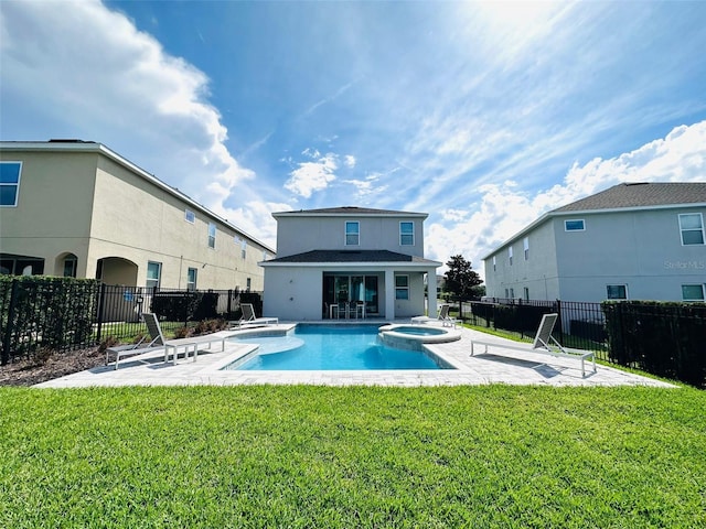 back of property featuring a patio, a lawn, and fence