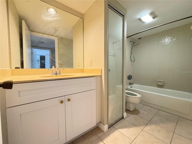 bathroom with toilet, tile patterned flooring, shower / tub combination, and vanity