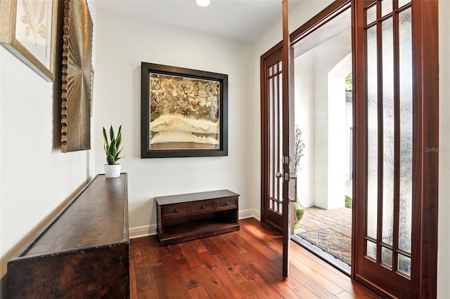 entryway with plenty of natural light, baseboards, and wood-type flooring