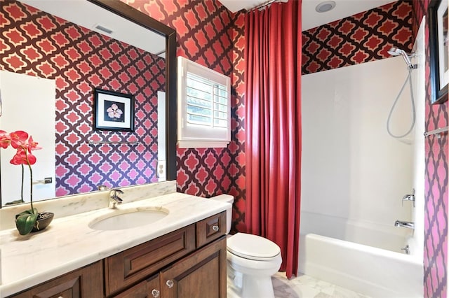 full bathroom featuring wallpapered walls, visible vents, toilet, shower / bathtub combination with curtain, and vanity