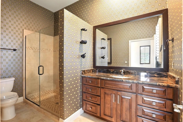 full bath featuring a stall shower, toilet, and wallpapered walls