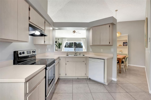 kitchen featuring stainless steel electric range, white dishwasher, a sink, light countertops, and under cabinet range hood