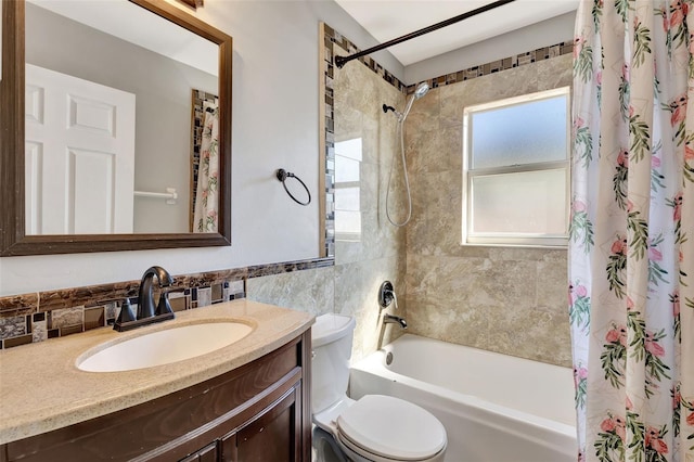 bathroom featuring vanity, tile walls, toilet, and shower / tub combo with curtain