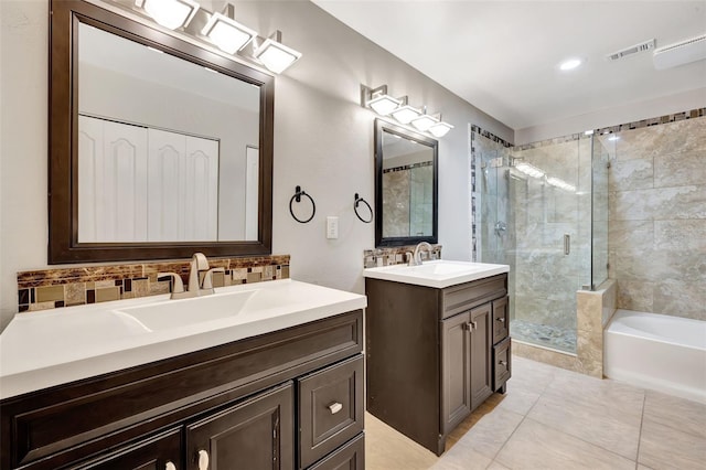 bathroom featuring a garden tub, two vanities, a stall shower, a sink, and decorative backsplash