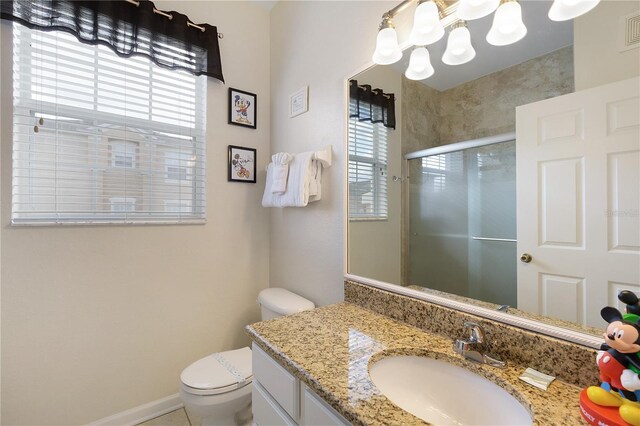 bathroom featuring vanity, visible vents, baseboards, a stall shower, and toilet