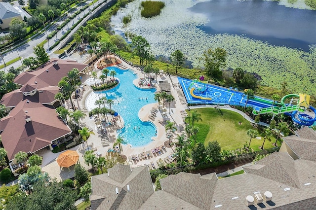 aerial view featuring a water view