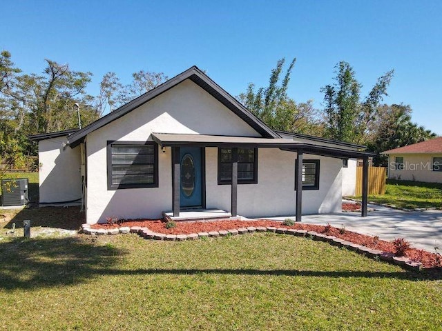 view of front of property featuring central AC unit, a front lawn, and stucco siding