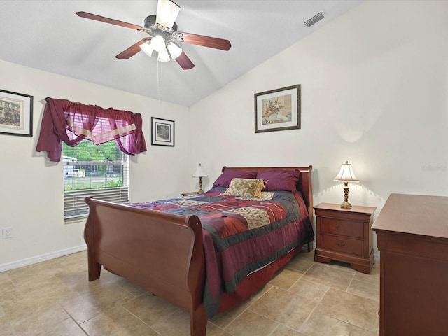 bedroom featuring visible vents, ceiling fan, baseboards, and vaulted ceiling