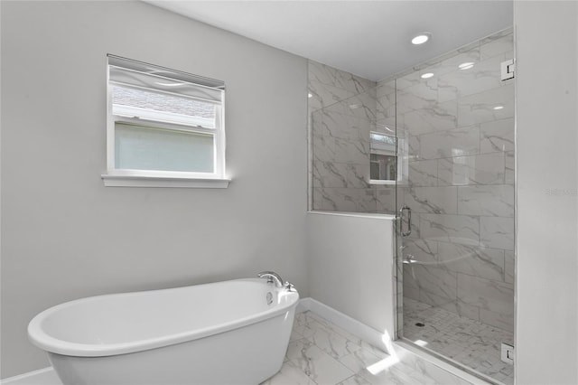 full bath with marble finish floor, recessed lighting, a shower stall, baseboards, and a soaking tub