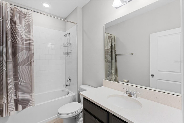 full bathroom with toilet, vanity, and shower / bathtub combination with curtain