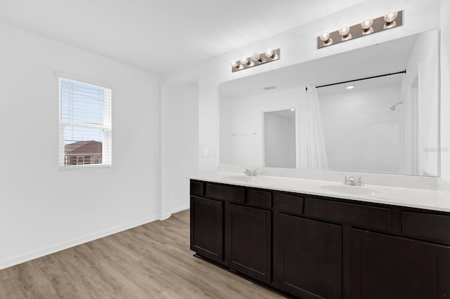 bathroom with a sink, baseboards, wood finished floors, and double vanity