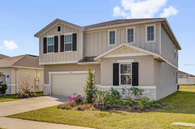 view of front of property featuring an attached garage, brick siding, board and batten siding, and driveway