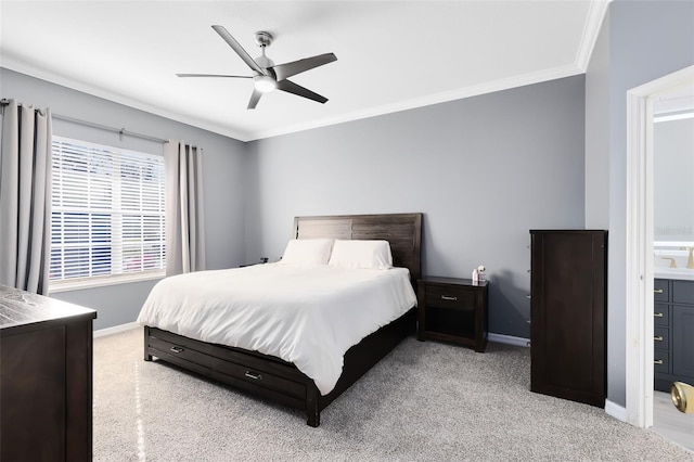 bedroom with crown molding, light carpet, baseboards, and ceiling fan