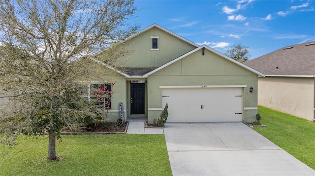 single story home with a front lawn, an attached garage, and stucco siding