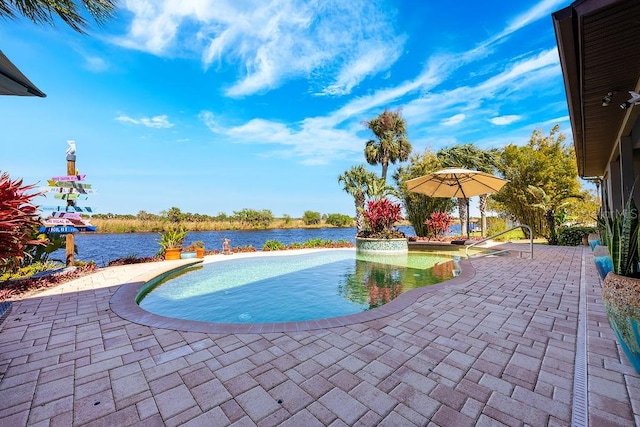 outdoor pool with a patio and a water view