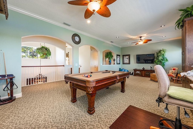 recreation room featuring recessed lighting, visible vents, carpet flooring, and crown molding