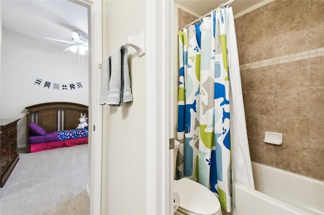 bathroom featuring toilet, ceiling fan, and shower / bathtub combination with curtain