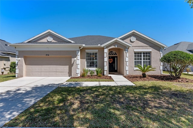 ranch-style home featuring stucco siding, driveway, a front lawn, and a garage