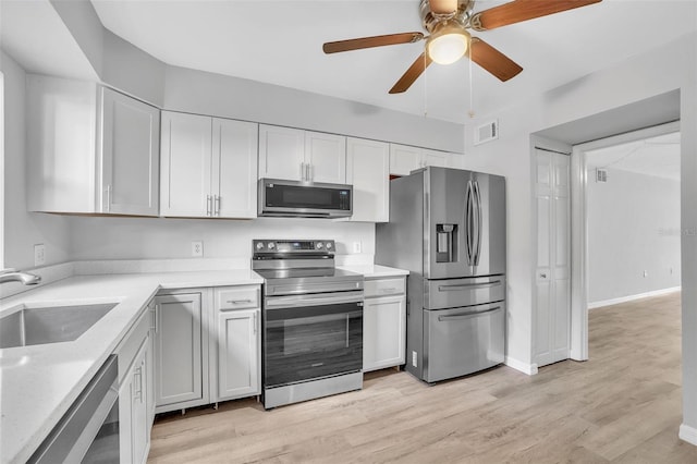 kitchen featuring visible vents, a sink, stainless steel appliances, light wood-style floors, and white cabinetry