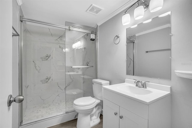 full bath with visible vents, toilet, ornamental molding, a marble finish shower, and vanity