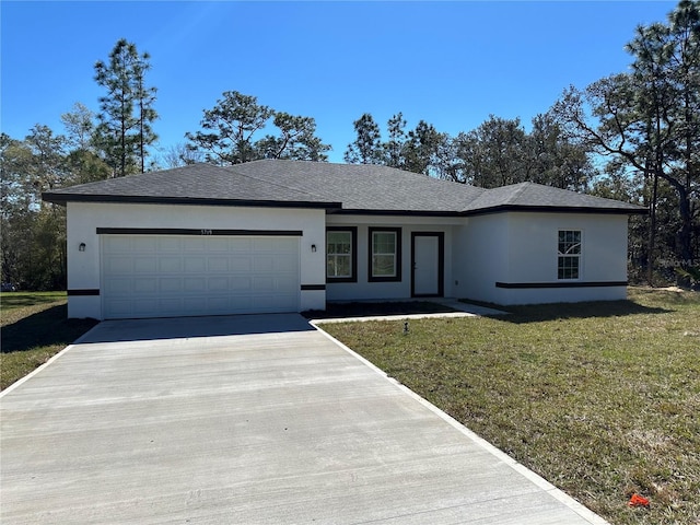 ranch-style house featuring a front yard, a garage, driveway, and stucco siding