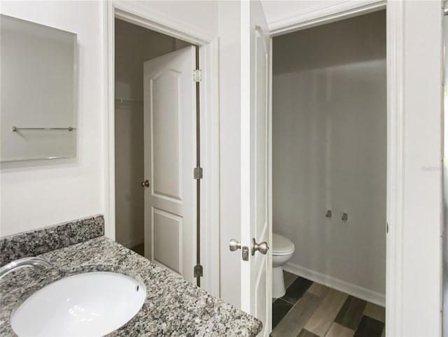 bathroom with toilet, vanity, and wood finished floors