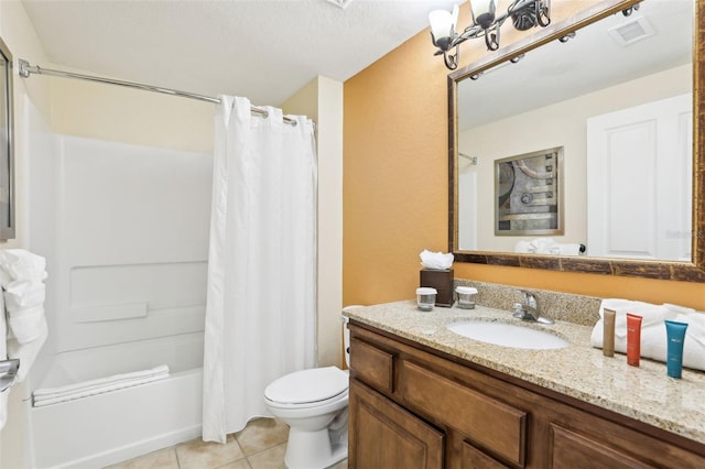 full bath with vanity, visible vents, tile patterned flooring, shower / tub combo, and toilet