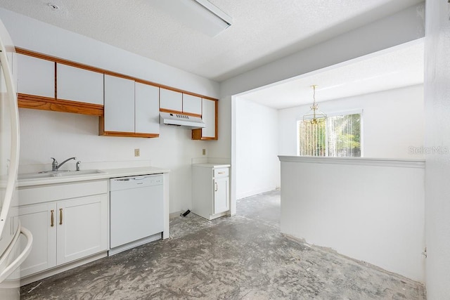 kitchen with under cabinet range hood, a sink, white cabinetry, and white dishwasher