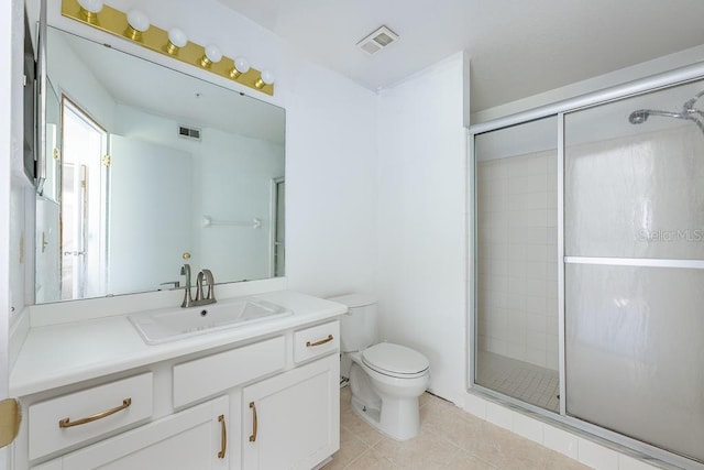 bathroom with tile patterned flooring, a shower stall, toilet, and visible vents