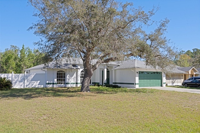 single story home featuring driveway, an attached garage, a front lawn, and fence