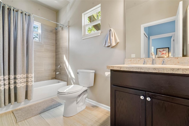 full bath featuring toilet, shower / tub combo, tile patterned flooring, baseboards, and vanity