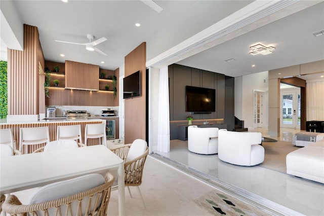 interior space featuring visible vents, open shelves, recessed lighting, exhaust hood, and ceiling fan