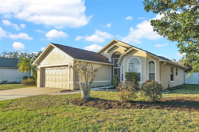 ranch-style house featuring a front lawn, an attached garage, driveway, and stucco siding