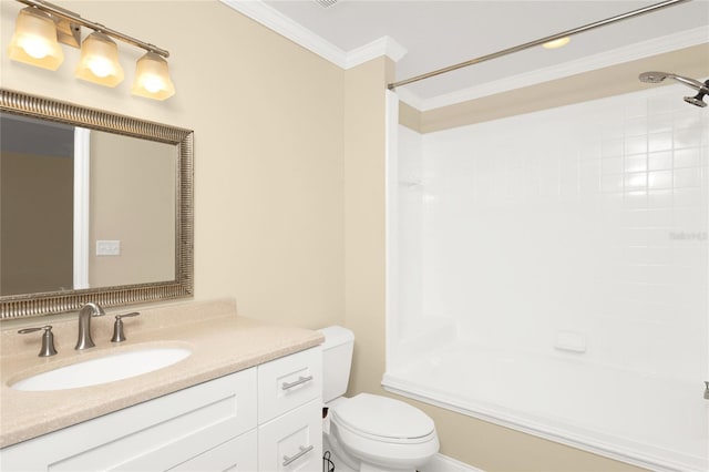 full bath with vanity, crown molding, toilet, and bathing tub / shower combination